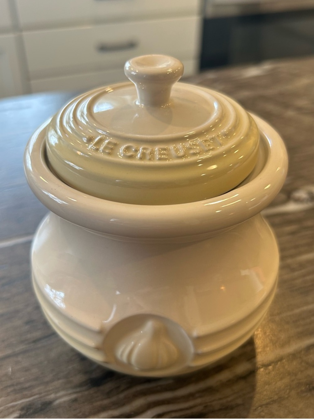 LE CREUSET garlic jar. So cute!